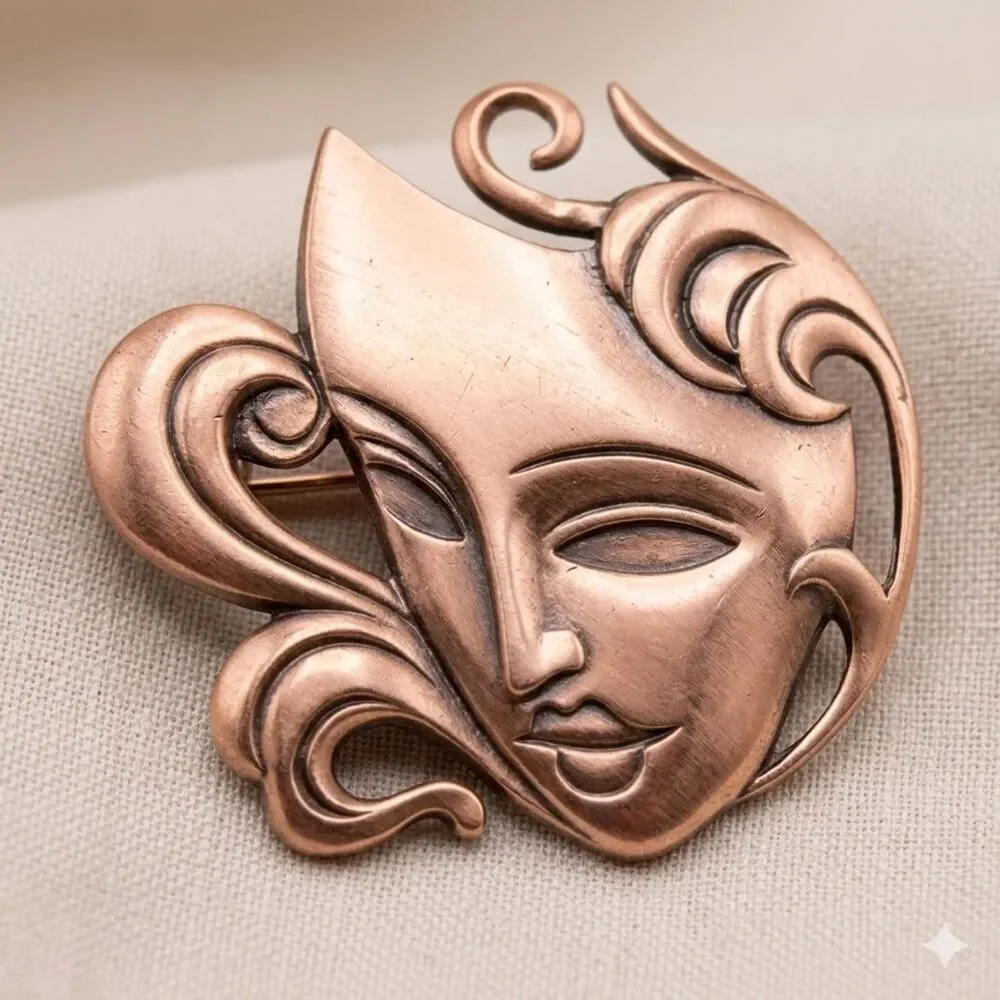 Vintage Style Copper Rose Gold Masquerade Mask Brooch Pin Gift Box 1.5